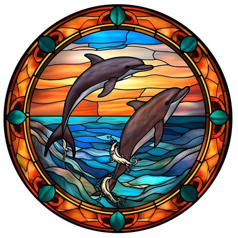 Dolphins 1 Stained Glass Graphic Simulated 10 Round Dye Sublimated Wall Art Etsy In 2024