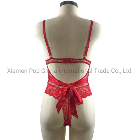 Womens Sexy Bodysuit High Quality Shiny Lace Satin Belt Triangle Cup Lingerie Set And Sexy