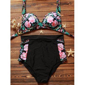 41 OFF 2025 Halter High Waist Floral Gathered Bikini Set In BLACK DressLily