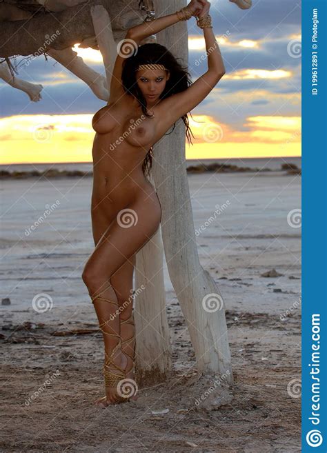 Cute Naked Brunette Woman Tied Up At Sunset Stock Image Image Of Flat Female 199612891