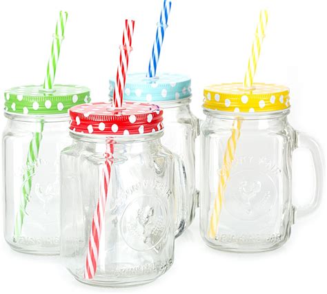 Mason Jar Mugs With Handle Multi Colored Lids And Plastic Straws 16