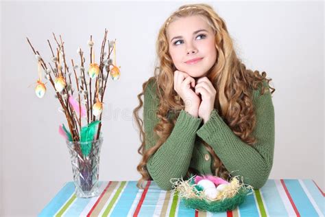 Dreaming Teenage Girl With Easter Eggs And Pussy Willow Stock Photo Image Of Caucasian Pretty