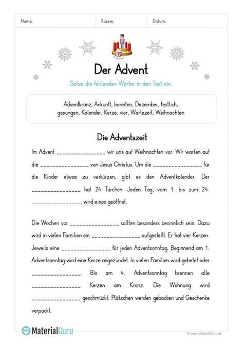 Arbeitsblatt Lückentext zum Advent Text auf deutsch Schulmaterial