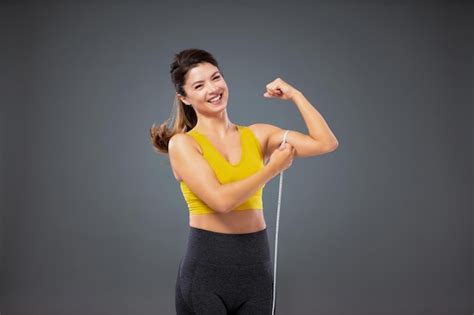 Premium Photo Weight Loss Concept Happy Female In Sportswear In Front