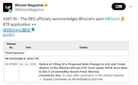 外媒SEC 正式承认 Bitwise 的现货比特币 ETF 申请 深潮 TechFlow on Binance Feed