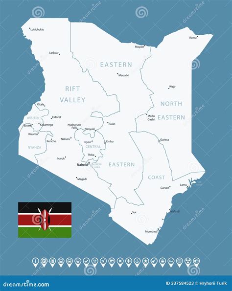 Kenya - Detailed Blue Country Map With Cities, Regions, Location On