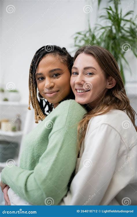 Happy Interracial And Lesbian Women Smiling Stock Photo Image Of Casual Brunette