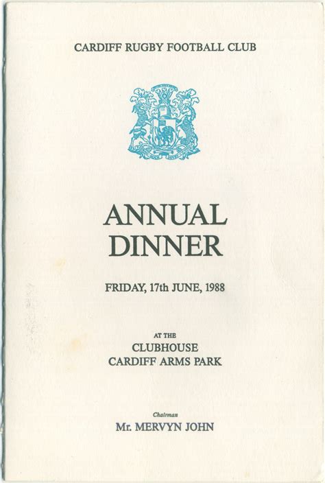 Menu Cardiff Rfc Annual Dinner 1988 Cardiff Rugby Museum