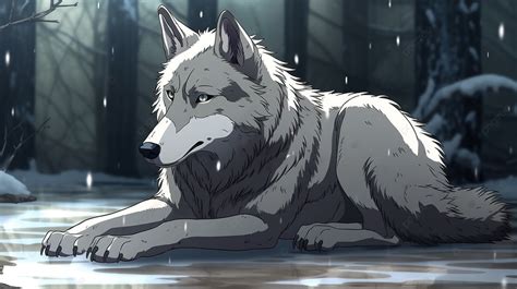 Wolf Anime White Wolf Sitting In The Snow In Front Of A Lake Background