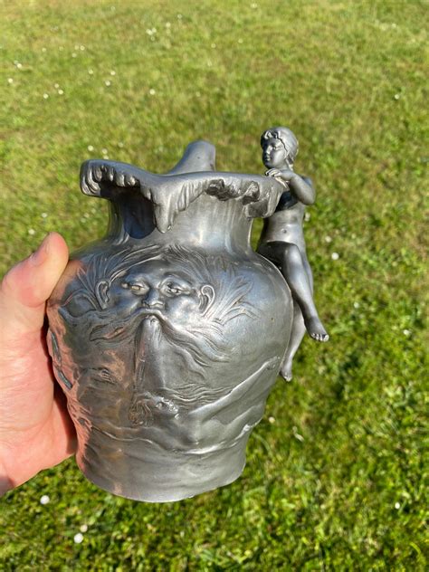 Antique French Art Nouveau Jug Signed Charles Perron Pewter Nude Lady Jug Zeus Eros Siren