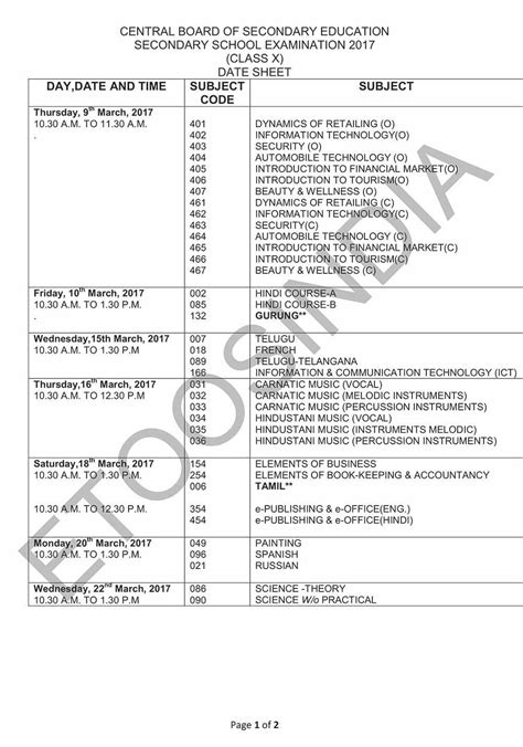 Cbse Class 10 Board Exam Date Sheet 2017 Pdf Download