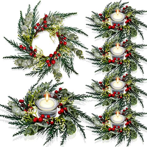 Christmas Candle Rings Artificial Red Berries Snowy Pine Needles