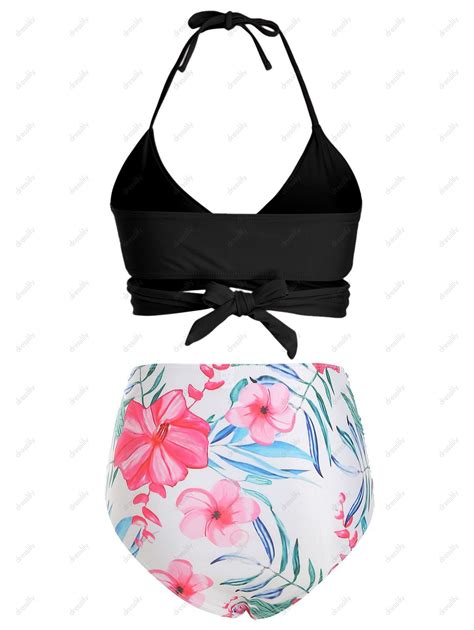 Off Floral Print Halter Wrap Bikini Swimsuit In Black Dresslily