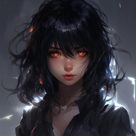 Premium Photo Anime Girl With Black Hair And Orange Eyes In A Dark