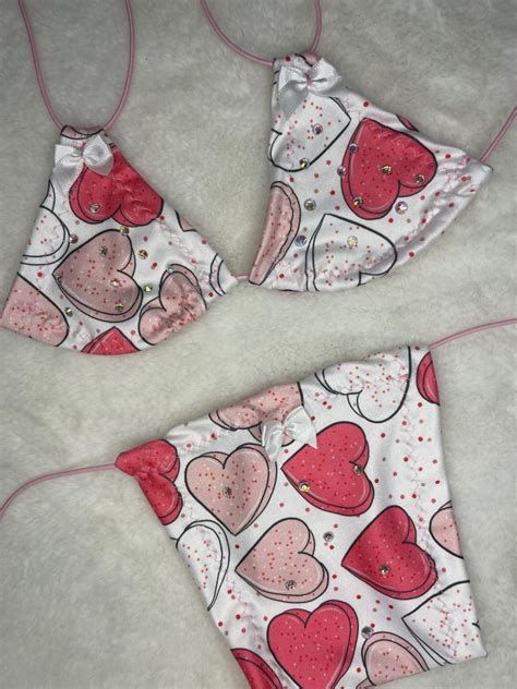 Pink Hearts Micro Bikini Stripper Outfit Bandeau Micro Bikini Exotic Dance Wear
