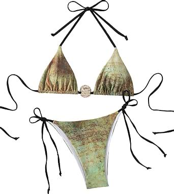 Amazon Makemechic Women S Bikini Set Halter Triangle Tie Backless String Bathing Suit