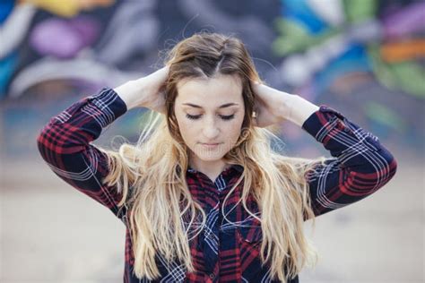 Beautiful Blonde Woman Playing With Her Hair Stock Image Image Of Outdoor Urban
