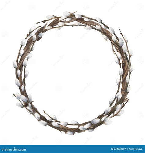 Watercolor Easter Illustration Of A Wreath With Pussy Willow Isolated Stock Illustration