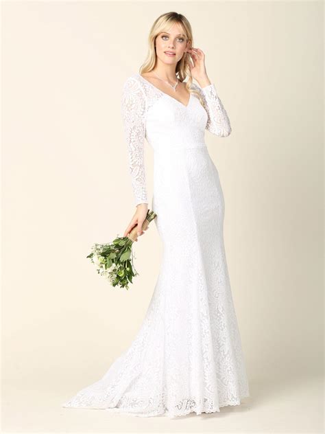 White Simple Long Sleeve Lace Wedding Dress - Formal Dresses & Gowns