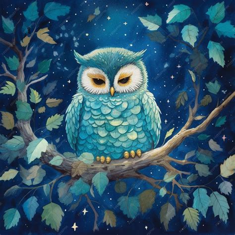 Premium Ai Image Painting Of A Blue Owl Sitting On A Branch In A Tree Generative Ai