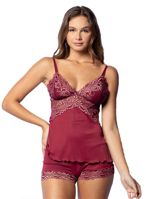 Baby Doll Gabi Lingerie Poliamida Sem Bojo Short Renda Pijama Sexy Curto Rubro Rose Compre