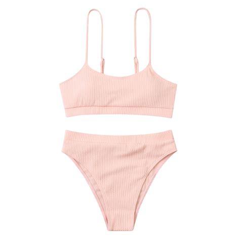 Hfyihgf Women S High Waisted Bikini Ribbed Two Piece Swimsuit High Cut Solid Color Adjustable