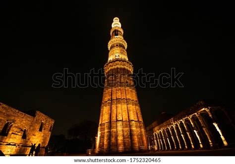 illuminated qutub minar night delhi india stock photo edit