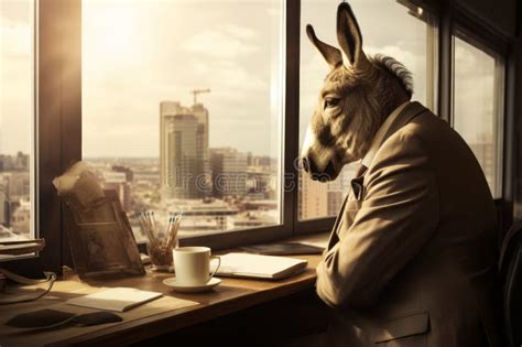 Donkey Wearing Suit And Tie Sitting At Desk With Cup Of Coffee