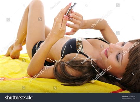Woman Bikini Listening Music Stock Photo Edit Now