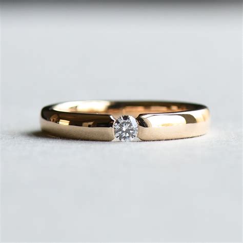 Single Diamond Wedding Band 14k Solid Yellow Gold Band Minimalist