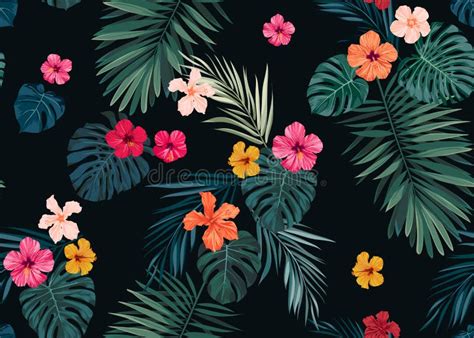 Seamless Hand Drawn Tropical Vector Pattern With Bright Hibiscus