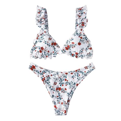 Women Flower Printed Bikini Set High Cut V Neck Vicedeal