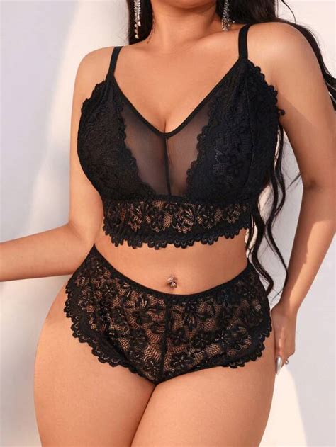 Shein Valentine S Day Plus Size Mesh Panel Lace Lingerie Set Shein Uk