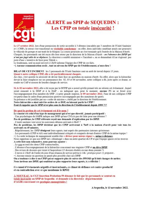 Alerte au SPIP de Sequedin les CPIP en totale insécurité CGT