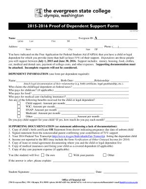 Fillable Online Evergreen Proof Of Dependent Support Form