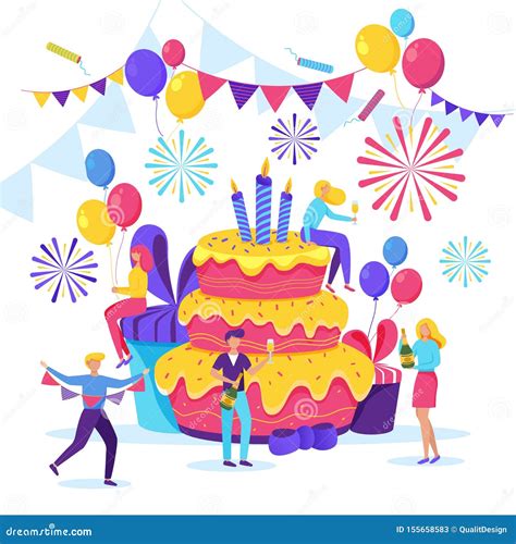 Happy Young People Celebrating A Birthday Vector Flat Cartoon