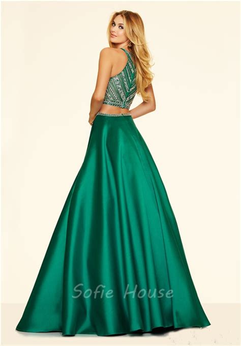 A Line Two Piece Long Emerald Green Satin Beaded Prom Dress