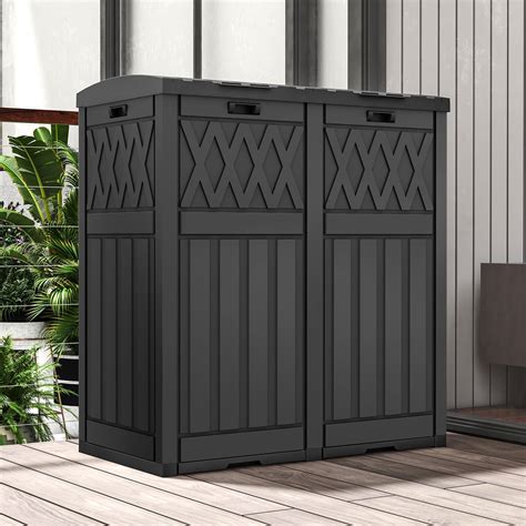 Dextrus 62-Gallon Outdoor Resin Trash Can, Dual Bin, Tiered Lid ...