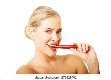 Happy Blonde Nude Woman Eating Chilli Stock Photo Shutterstock