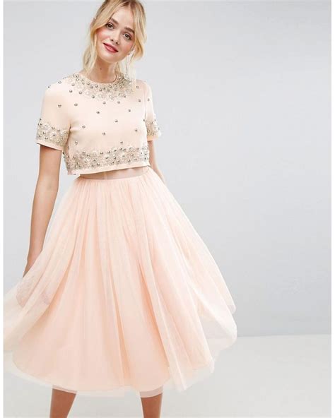 Asos Embellished Crop Top Tulle Midi Dress In Pink Lyst