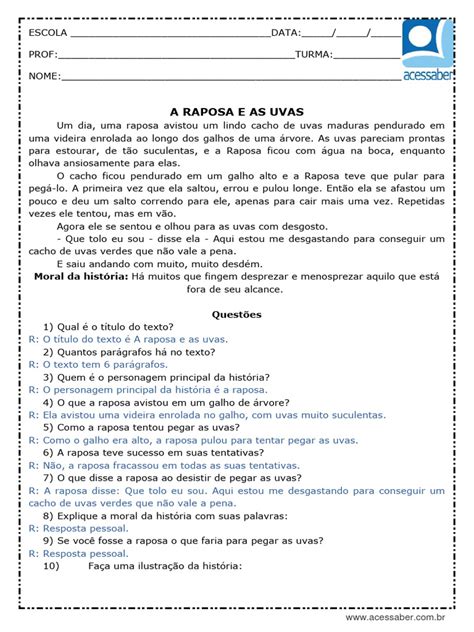 A Raposa E As Uvas Texto - Interpretacao de Texto A Raposa e As Uvas 3 Ano e 4 Ano Respostas | PDF
