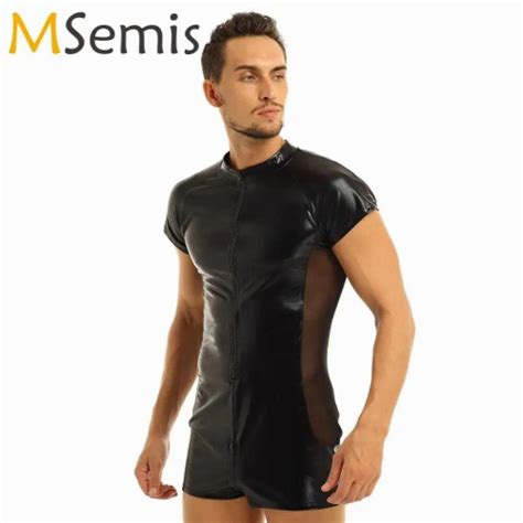 Mens Wetlook Patent Leather Bodysuit Sexy Side Sheer Mesh Front Zipper Jumpsuit Male Gay Latex