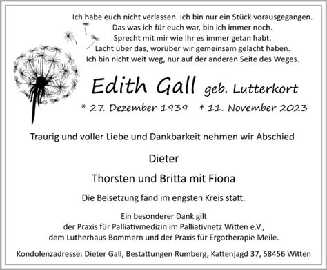 Traueranzeigen Von Edith Gall Trauer In Nrw De