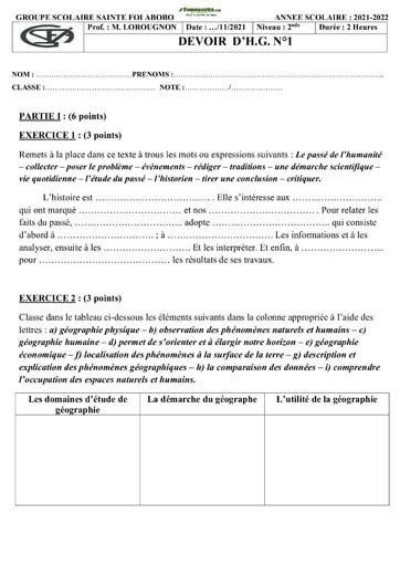 Devoir Histoire G Ographie Niveau Nde Coll Ge Sainte Foi