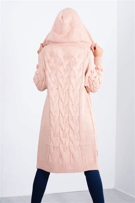 Pink Hooded Cable Knit Longline Cardigan Justyouroutfit