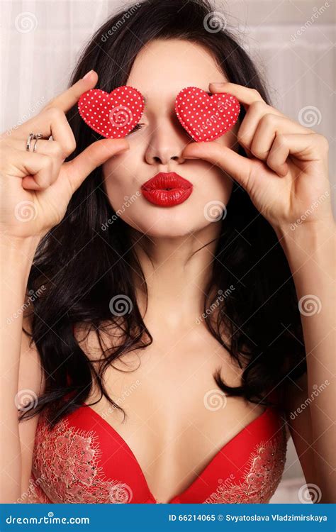 Girl In Elegant Lace Lingerie Holding Red Heart Symbol Of Valentine S Day Stock Image Image