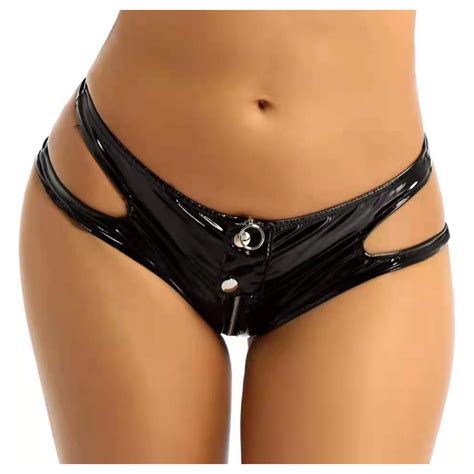 Sexy Opening Crotch PVC Leather Underwear For Sex Below Crotchless Women Shiny Brief Glossy