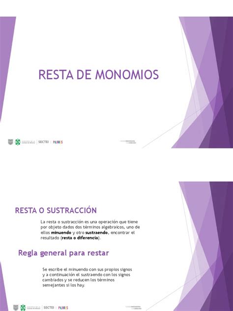 Resta De Monomios Pdf Sustracción Matemáticas