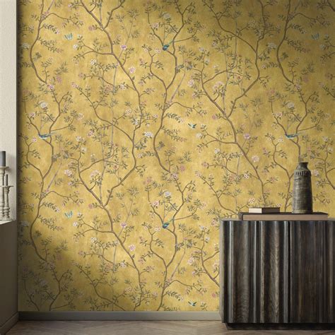 Onism Old Gold Wallpaper Chinoiserie Botanical Design Paste The Wall