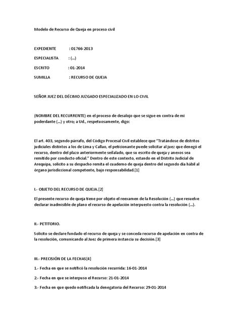 Modelo De Recurso De Queja En Proceso Civil Pdf Apelación Esfera